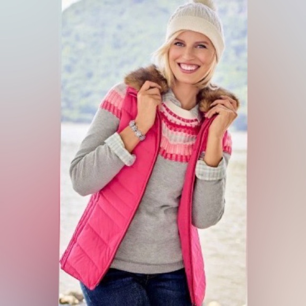 Talbots Pink & Grey Rib Yoke Fair Isle Crewneck PM Sweater